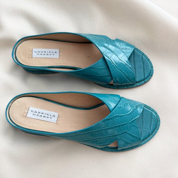 Gabriela Hearst Teal Croc-Embossed Sandals - Picture 6 of 8